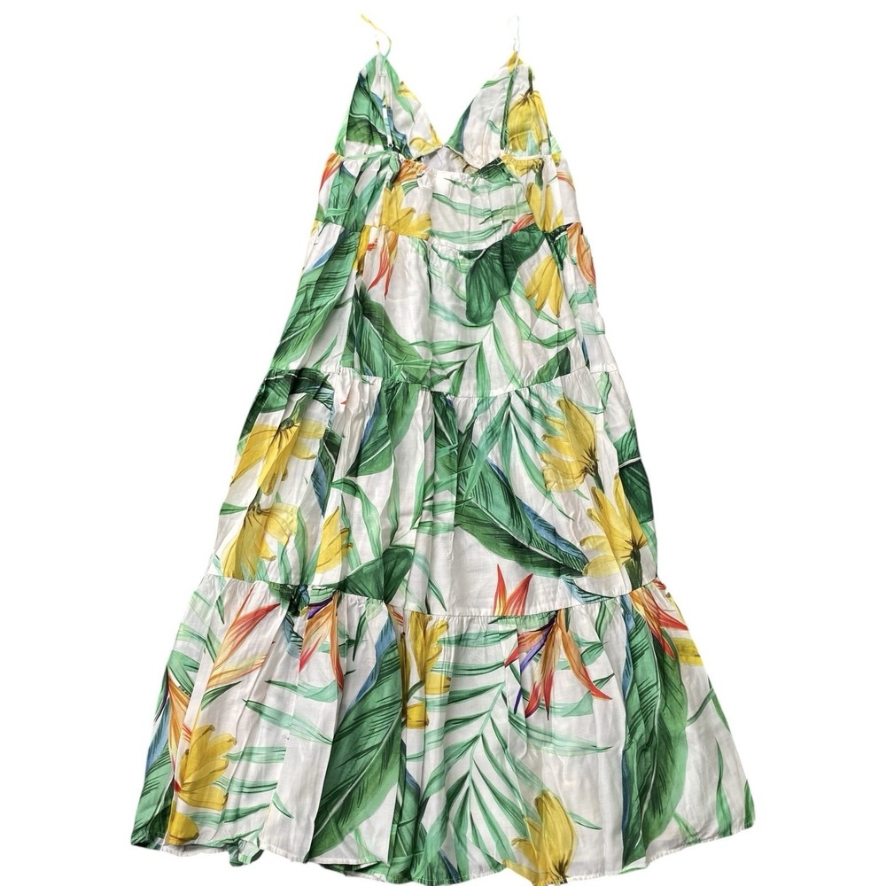 Tropical Tiered Maxi Sundress Size M Green Yellow Floral Resort Vacation Coastal - Picture 3 of 5